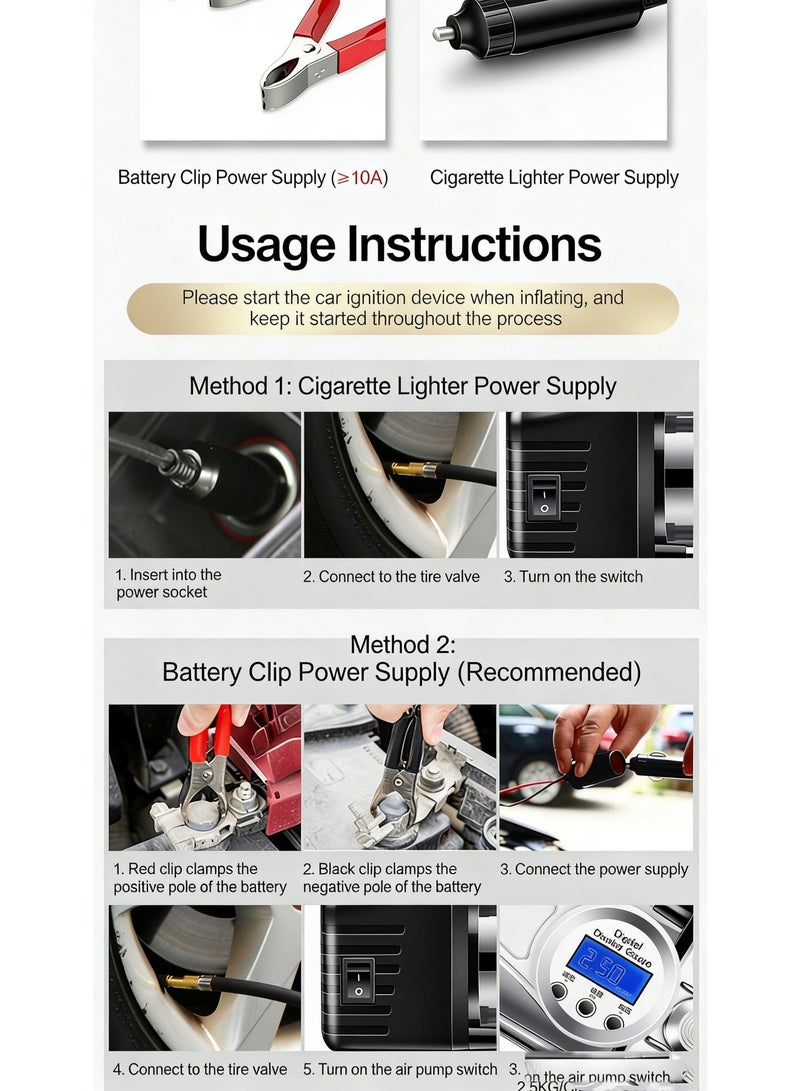 Dual-Cylinder Analog Air Compressor with Metal Housing & Tool Kit – 150PSI Car Tire Inflator with LED Light, 3m Hose & Battery Clamps for SUV, Truck, Bike, Ball, Mattress - Image 3